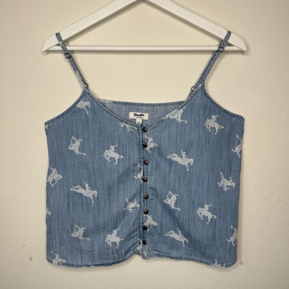 Wrangler Retro Sz M Chambray Horse Novelty Print Tank Top Rodeo Cowgirl Western